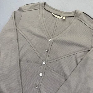 Soft Surroundings Womens Taupe Gray Waffle Knit Button Front Peplum Top 2CZ99 L‎ thumbnail 2
