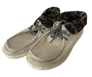 HeyDude Cream Black Cheetah Britt Foldable Cuff Shoes‎ Tie Lace Slip On Womens 7 thumbnail 1