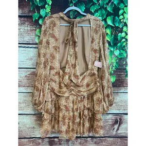 Anthropologie Ella Dress Sz 14 Floral Mini Tiered Ruffle Balloon Sleeve Gold thumbnail 8