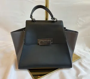 ZAC Zac Posen Black and Dark Brown Leather Structured Top Handle Bag with Detach thumbnail 1