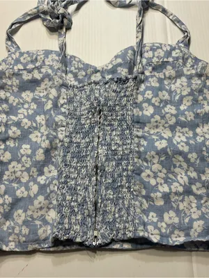 Reformation 100% Linen Jaxon Tie Strap Corset Top Women Sz 10 Blue White Boho thumbnail 9