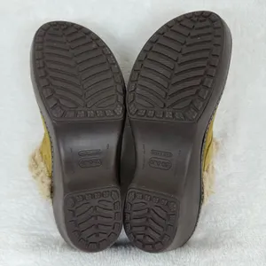 Crocs Suede Fur Lined Platform Clogs Olive Green Brown Wedge Mules‎ Womens 7 thumbnail 9