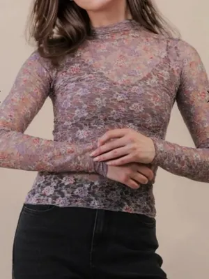 New In Floral Mesh Mock Neck Top Brown‎ Pink Rose Print M thumbnail 1