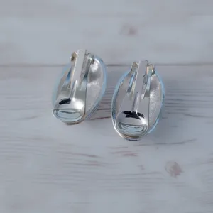 Vintage Clip On Earrings Elegant Stylish Silver Tone Oval Statement Large 1.25" thumbnail 4