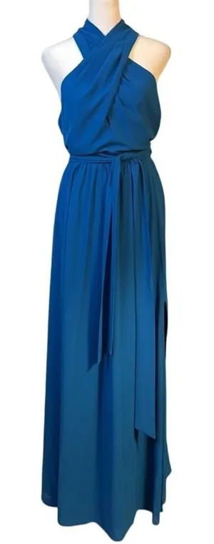 Belle Badgley Mischka Maxi Dress Womens‎ 8 Blue Excellent Crisscross Halter Gown thumbnail 1