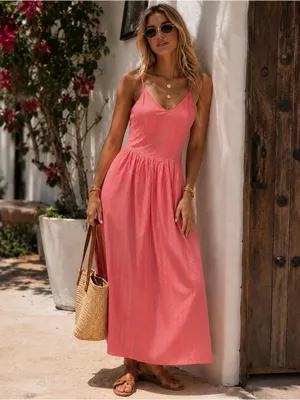 NWT WAYF Coral Stripe long Dress Basque Waist Medium thumbnail 5