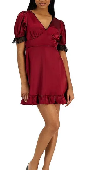 Kit‎ + Sky Red Satin Puff Sleeve Mini Dress Size Small Juniors NWT Whimsigoth thumbnail 1