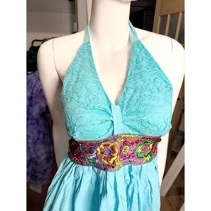 Vintage Halter Dress Blue Boho Floral Embroidered Waist Lace Bodice Sun Dress 6 thumbnail 4