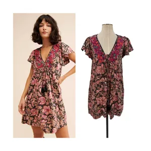 Anthropologie Floral Printed Tunic Dress Mixed Print V Neck Black Brown Size XXS thumbnail 2