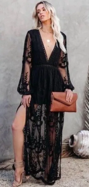 Boutique NEW Black Lace V-neck Long Sleeve Boho Maxi Dress thumbnail 1