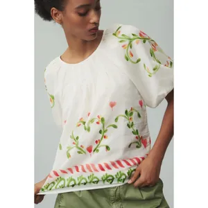 NWT Banjanan‎ Oana Puff Sleeve Top XS Watermelon Wat Artsy Silk Blend Cottage thumbnail 8