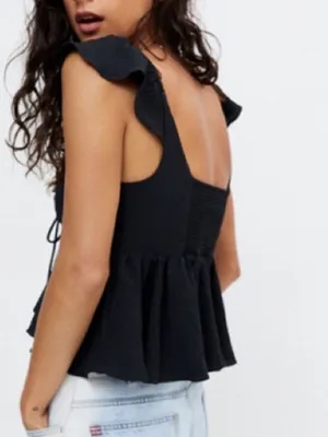 Urban Outfitters Y2K Sierra Black Keyhole Babydoll Ruffle Peplum Crop Blouse L thumbnail 2