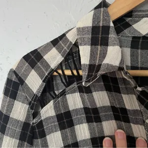 Free People Black White Checkered Gauzy Flannel Button up Top with Cutouts XS‎ thumbnail 3
