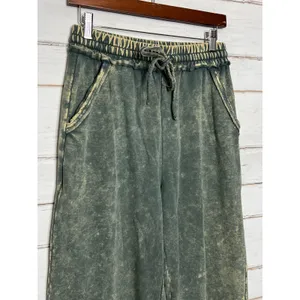 Zenana Acid Washed French Terry Palazzo Pants Small Olive Green Drawstring thumbnail 10