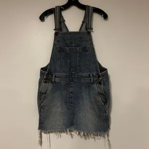 HM Trend Blue Denim Overall‎ Dress Distressed Frayed Hem Womens Size 6 Jumper thumbnail 4
