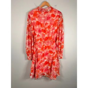 Maison Tara Floral Mini Dress Womens 12 Pink‎ Orange Ruffle Smocked Long Sleeve thumbnail 5