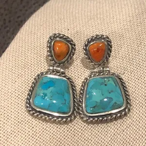 BARSE Sterling Silver Rope Edged Turquoise and Coral Drop Earrings thumbnail 7