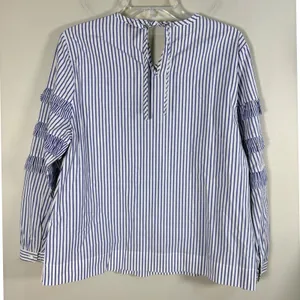 J.Crew Ruffle Stripe Blouse Womens 10 Blue‎ White Excellent Cotton Keyhole Tie thumbnail 2