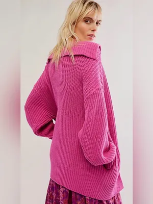 Free People Swim Too Deep Vibrant Fuchsia Ribbed Button Cardigan Size XS thumbnail 2
