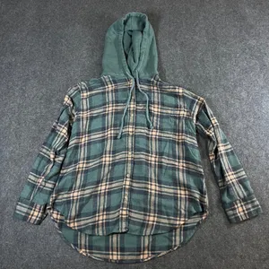 American Eagle Hooded Flannel Shirt Womens XS Green Plaid Button Down Hoodie thumbnail 1