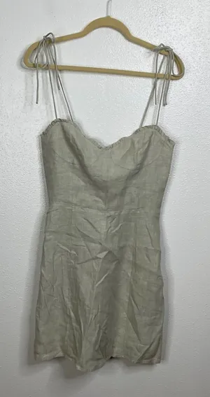 Wilfred Aritzia Organic Linen Mini Dress Sage Green Smocked Back‎ Size 6 thumbnail 1