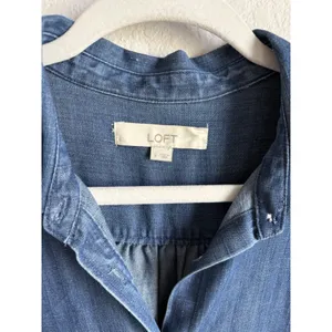 LOFT Chambray Flounce Shirt Dress Tie Waist Long Sleeve Blue Women Large Coastal thumbnail 10
