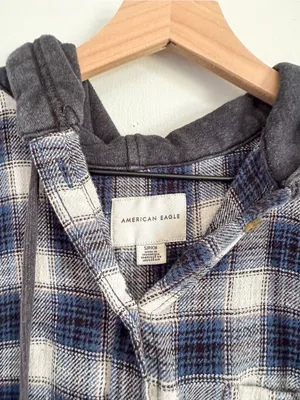 American Eagle Plaid Button Down With Hood Blue Size Small thumbnail 4