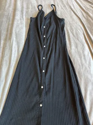 Aerie Ribbed Knit Button‎ Front Midi Dress Black Sleeveless Small thumbnail 1