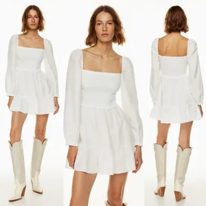 New Aritzia Wilfred New Tempest White Smocked Linen Mini Dress Square Neck Small thumbnail 2