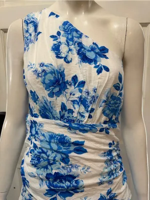 Selfie Leslie One-Shoulder Yellow Dress with Blue Floral Print Size Medium A1 thumbnail 4