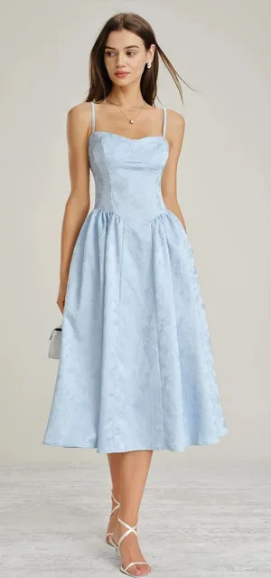 Rihoas Blue Jacquard Pockets Slip Midi Dress thumbnail 1