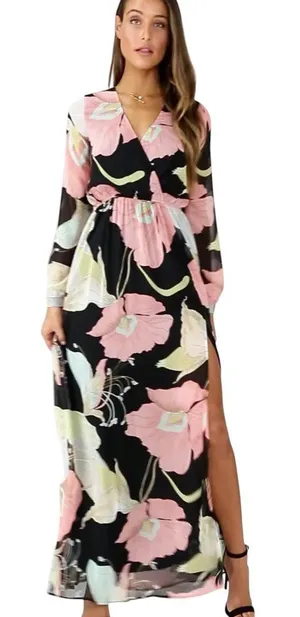 Lulus Long Sleeve Black Floral Formal Dress Size Medium NWT Wedding Guest Dress thumbnail 1