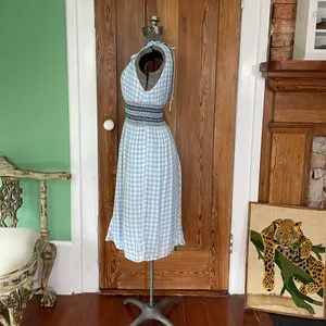 💥ALLEN SCHWARTZ Delilah Blue Gingham Smocked Waist Knee Length Dress XS💛 thumbnail 9