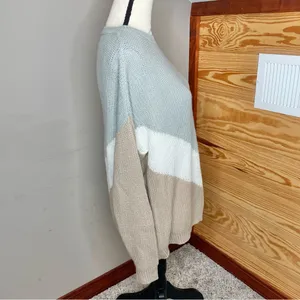 Unbranded Tan Grey White Colorblock Long Sleeve Crewneck Knit Sweater thumbnail 2