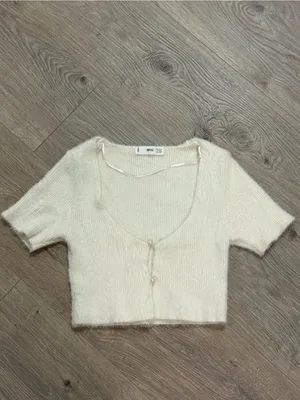 MNG Mango Cream Fuzzy Cropped Cardigan with Pearl Buttons Size XS thumbnail 2