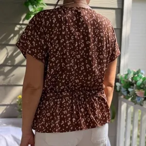 Nine West Women's Sz Medium Faux Wrap Peplum Blouse Tan Beige Animal Print Short thumbnail 2