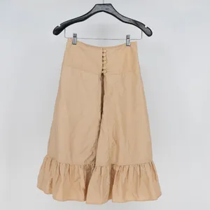 Farm Rio Khaki Topstitching Yoke Cotton Poplin Ruffle Maxi Skirt XXS thumbnail 1