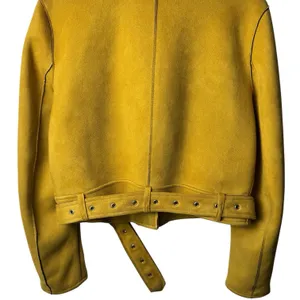 Zara Faux Suede Mustard Yellow Moto Jacket Belted Biker Zip Fall Grunge M thumbnail 7