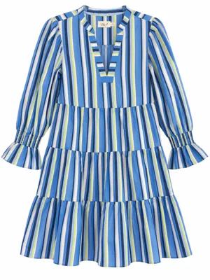 Eliza J Tiered Three Quarter Sleeve Dress Womens 8 Blue Excellent Striped V-Neck thumbnail 2