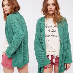 FREE PEOPLE I’ll Be Around Silk Blend Green Knit Oversized Cardigan Size Medium thumbnail 2