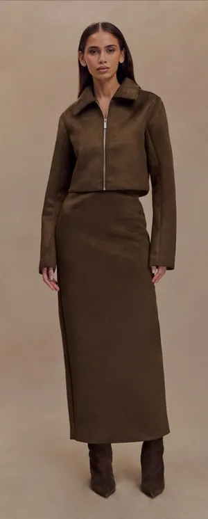 MESHKI Hayes Faux Vegan Suede Midi Maxi Skirt in Chocolate Brown Size XS NWT thumbnail 1