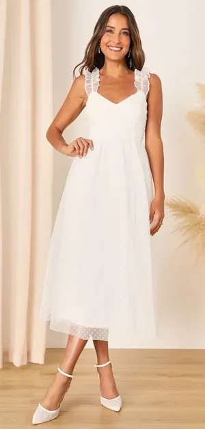 NWT Lulus Forever Celebrated White Swiss Dot Ruched Tulle Midi Dress Size M thumbnail 1