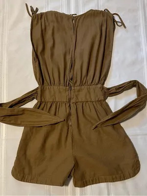 Zara Linen and Cotton Olive-Green Surplice Romper with Smocked Waist Size XS thumbnail 5