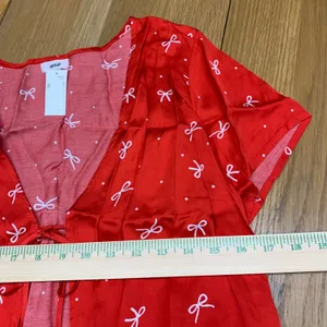 Aerie Red Bow Polka Dot Tie Front Satin Short Sleeve Top Women's Size Medium NWT thumbnail 3
