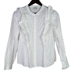 J.Crew Cotton Poplin Ruffle Heart Print Button Down LongSleeve Shirt M White Red thumbnail 1