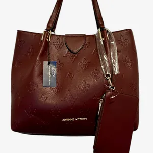NWT.. Adrienne Vittadini Marseille Wine Leather Embossed Tote & Pouch MSRP $210 thumbnail 1