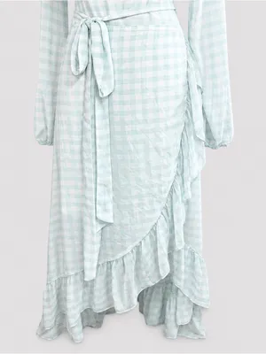 WAYF Blue White Gingham Wrap Ruffle Hi Low Midi Dress NWT M Cottagecore thumbnail 6