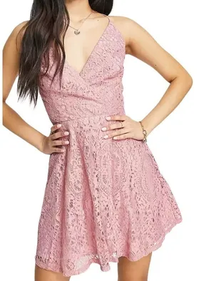 ASOS Design Lace Prom Mini Dress with Lace Up Back in Pink, Size 6​​​​​​ thumbnail 1