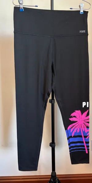PINK Victoria's Secret Black Leggings with Pink Palm and Blue Stripe thumbnail 1