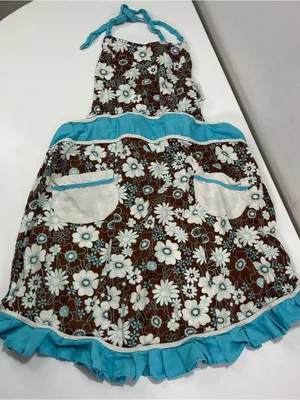 Vtg Retro Style Kitchen Apron Blue Brown Pockets Floral Print Ruffles Coquette thumbnail 1